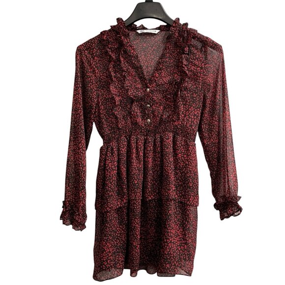 Zara Mini Dress Womens M Burgundy Animal Print Semi Sheer Chiffon Tiered Mini - Picture 1 of 8